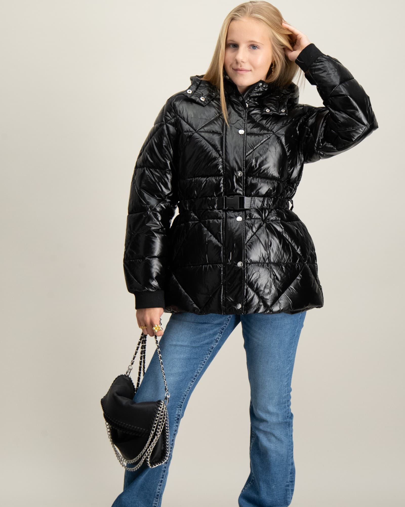 High Shine Belted Mid Length Puffa Coat